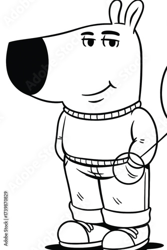Smart Cartoon Dog Character Vector. Black and White Illustration of a Dog Standing in Sweater and Pants with a Confident, Smug Expression. Mascot, Funny Pet, or Animated Icon Adobe Illustrator Artwork