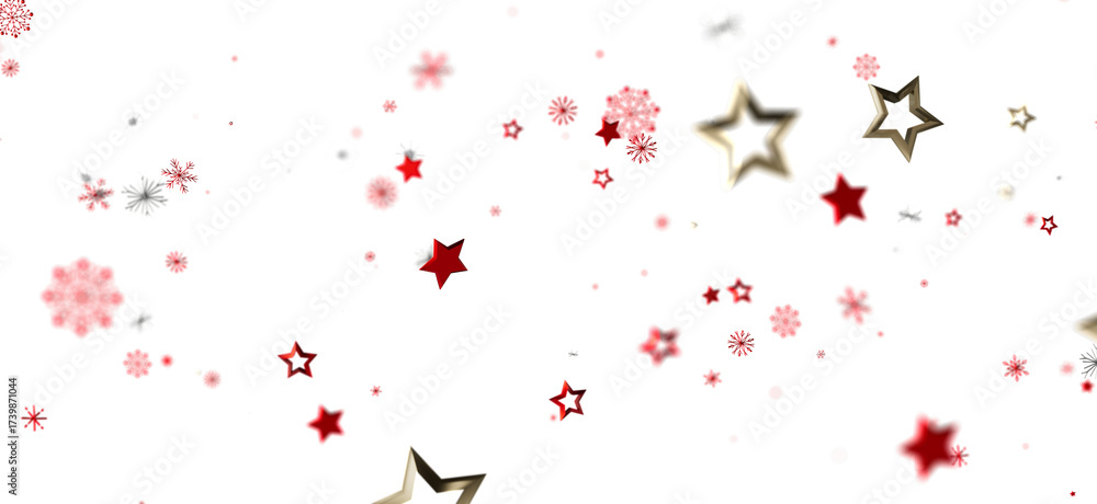 Obraz premium Festive background with red and gold stars and snowflakes falling on white. Perfect for celebration, holidays, and joy.