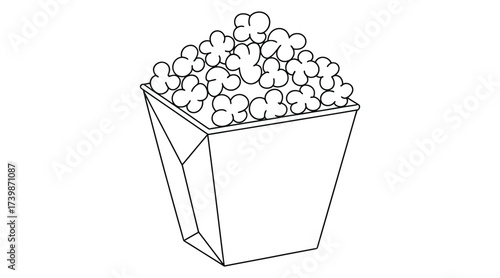 Minimalist line drawing of a popcorn container with overflowing kernels, symbolizing snack, entertainment, cinema, and food concession concept