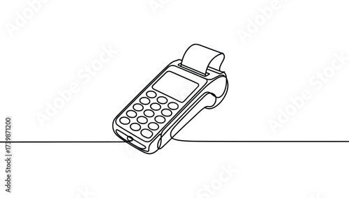 Minimalist line drawing of a point-of-sale terminal with keypad, screen, card slot, and receipt roll, symbolizing retail payment technology concept