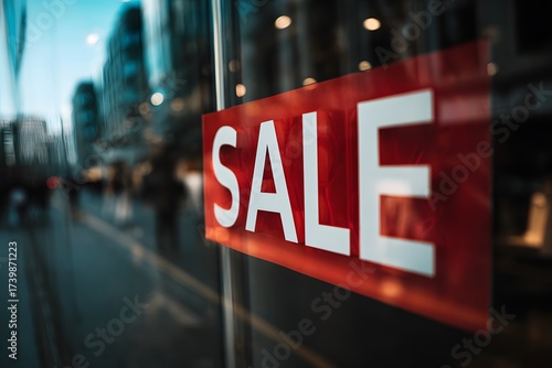 Close-up of a red tag with the word SALE written in bold white letters, retail discount concept, marketing promotion label, shopping and seasonal offer background for advertising and e-commerce