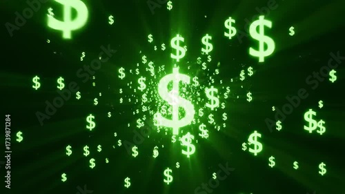 Glowing green dollar signs swirling and radiating light, symbolizing wealth and financial growth