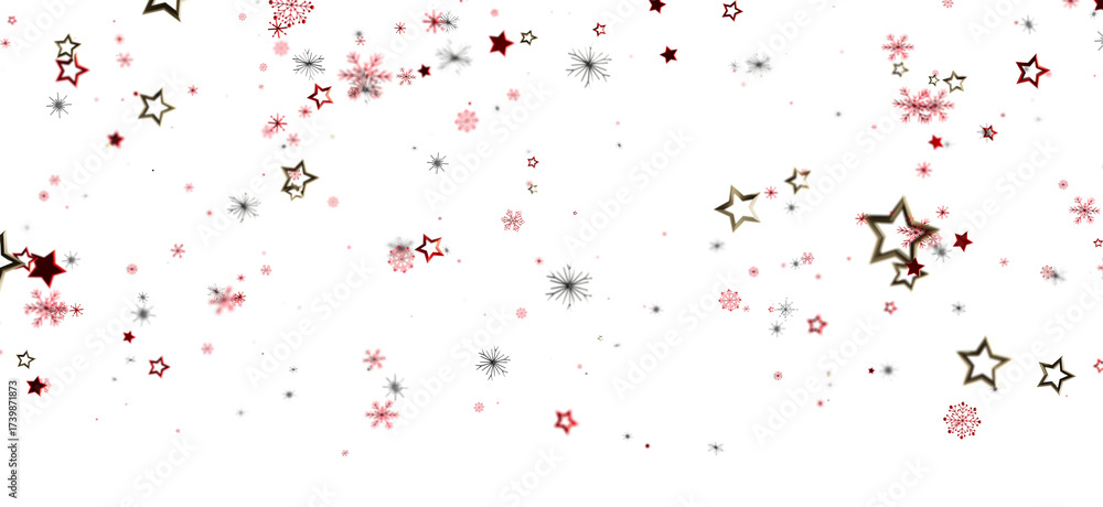 Fototapeta premium Festive background with red and gold stars and snowflakes. Perfect for winter holidays, celebrations, and more.