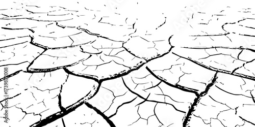 Black and white illustration of cracked dry earth surface, drought texture background, natural cracked soil pattern, climate change, desert land, environmental disaster design template.