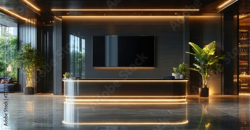 Wallpaper Mural Modern lobby features sleek reception desk, dark walls, warm lighting. Plants add natural touch, creating inviting space. Torontodigital.ca