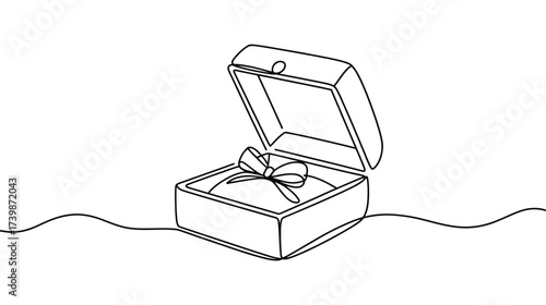 Minimalist line drawing of an open ring box with bow-tied ribbon, symbolizing proposal, celebration, gift-giving, and romantic occasion concept