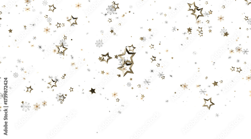 Fototapeta premium Sparkling gold stars and snowflakes on white. Perfect for holiday designs.