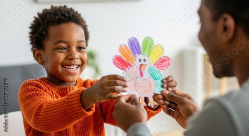 Handmade paper and felt Thanksgiving turkey craft. Black boy shows the toy to his mother.