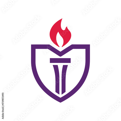 Purple shield with torch and red flame logo fire emblem