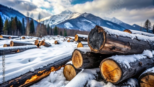 Winter Logging Scene Snow-Covered Logs Stacked Against a Majestic Mountain Range