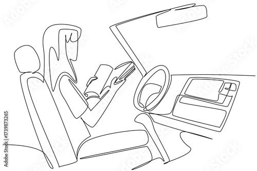Single one line drawing a woman in the seat of driver of a car reading a book. Comfortable learning in a futuristic vehicle. Tech. Autonomous Vehicle Day. Continuous line design graphic illustration