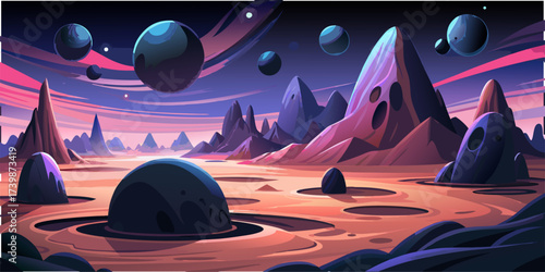 Cartoon Space Scene with Pink and Purple Sky. A captivating vector illustration of a fantasy alien planet scene. This sci-fi background features a surrealistic environment.