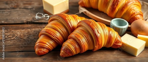 Golden-brown raw croissants on rustic wood, near butter & eggs; bakery lettering,  ingredients,  baking