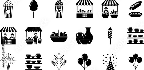 Silhouette icons of carnival food, market stalls, pottery, and celebration