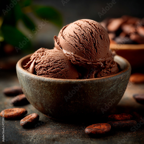 Primer plano de helado de chocolate artesanal en cuenco de cerámica.