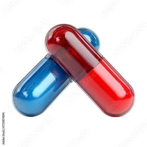 Vivid Red and Blue 3D Medicine Capsules on Glossy Plastic Surface