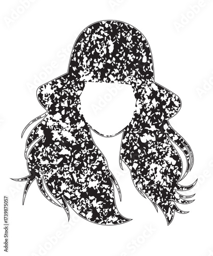 Grunge Woman Hair Silhouette with Hat Vector Illustration.