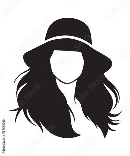 Woman Silhouette with Hat and Long Flowing Hair Vector.