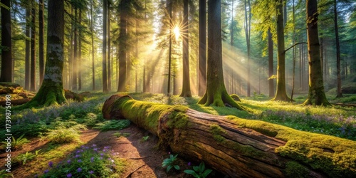 Serene Dawn in a Mystical Forest with Sunbeams Illuminating Mossy Trees and Wildflowers