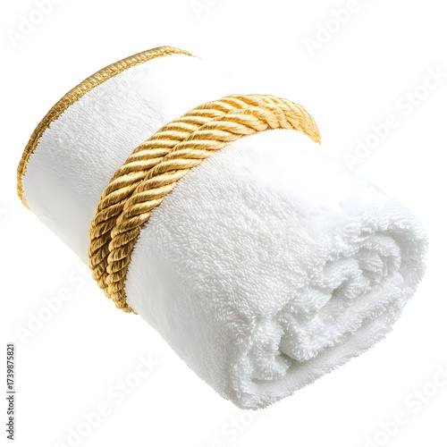 Luxurious White Plush Towel with Gold Rope Trim - Isolated