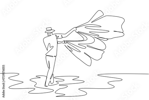 Single continuous line drawing a man wearing hat standing in the sea throwing a net into the middle of the sea. Widening the net to catch fish. Fisherman Hold Fish. One line design vector illustration