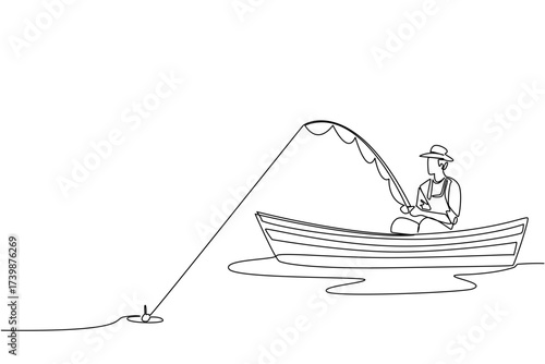 Single one line drawing a man wearing a hat sitting in wooden boat while fishing. Catching the target slowly. The old traditional way. Fisherman Hold Fish. Continuous line design graphic illustration