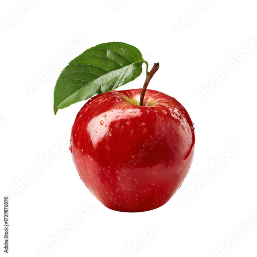 Fresh Single Red Apple with Green Leaf, Isolated on White Background for Food Photography and Healthy Eating Concepts