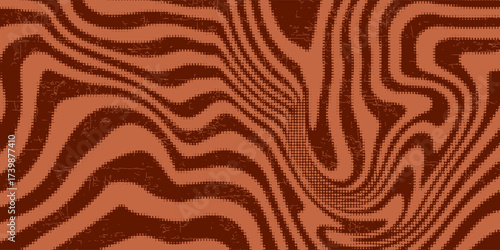 Retro coffee color background. Milk chocolate liquid dessert texture. Wavy swirl candy pattern for poster, cover, banner, pamphlet. Vintage brown trippy hippie wallpaper in 60s or 70s style. Vector