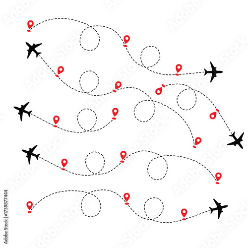 Airplane Flight Path Icons | Travel Route Map with Dotted Lines and Location Pins