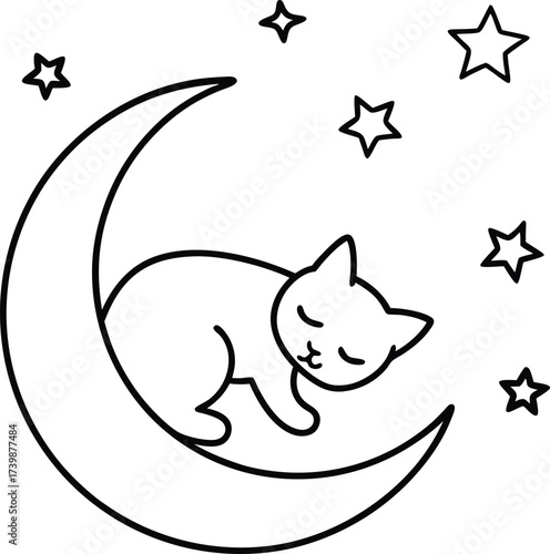 kitten sleeping on crescent moon surrounded by vector illustration on transparent background