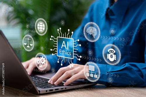 AI and Ethics Concept, Businesswoman Using Artificial Intelligence Carefully, Ethical Awareness, Human-Centred Technology, Legal Compliance, Responsible AI, Data Protection, Moral Responsibility