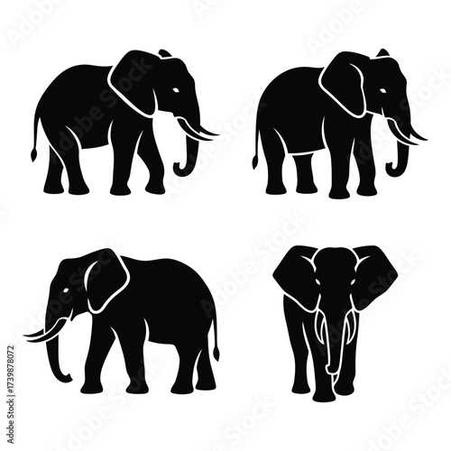 Four silhouetted elephants in dynamic poses various angles realistic wildlife african animal family representation silhouette