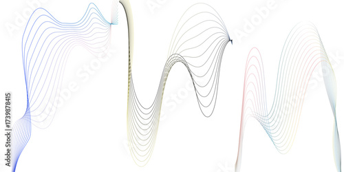Trio of Dynamic, Gradient-Colored Contour Lines Creating Fluid, Abstract Peaks and Valleys, Evoking Harmonic Motion and Digital Serenity Wave Pattern With Flowing Lines And Gradient Arcs.