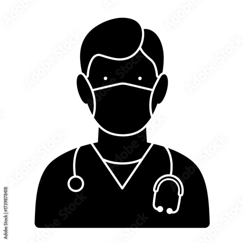 Male doctor wearing a face mask with stethoscope against plain background  