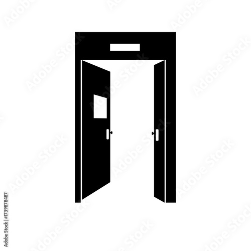 Open hospital doors in a minimalist style representing healthcare