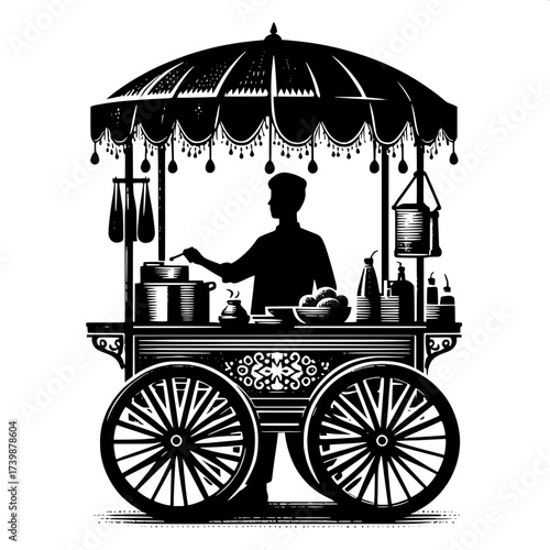 Black and White Vector Silhouette of Indian Street Food Cart