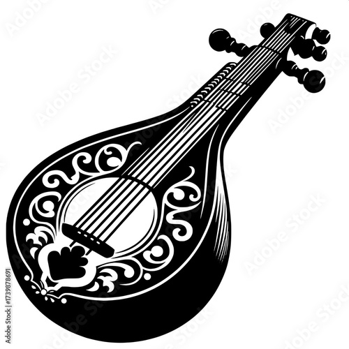 Black and White Vector Silhouette of Indian Classical Veena Instrument