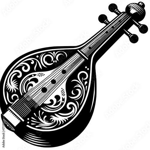 Black and White Vector Silhouette of Indian Classical Veena Instrument
