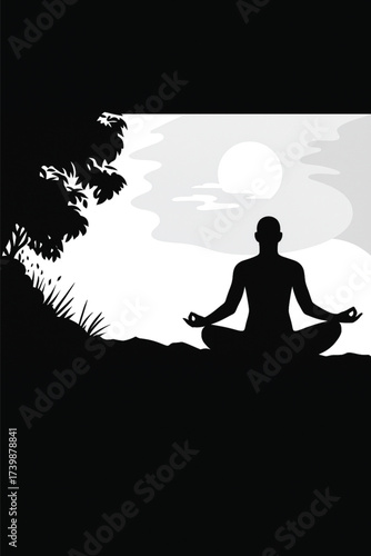 Man Meditating in Lotus Pose Silhouette Vector. Zen Yoga Practice in Nature Under the Moon. Concept for Spirituality, Mindfulness, Health, Wellness, and Stress Relief..  Adobe Illustrator Artwork.