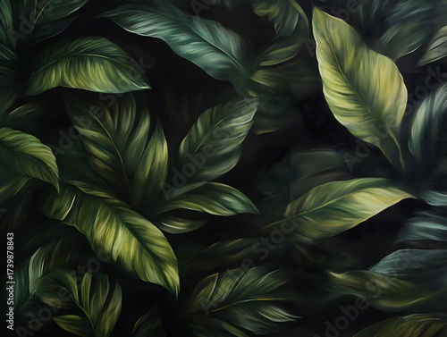 Wallpaper Mural Lush Green Tropical Leaves Painting Dark Nature Botanical Art Torontodigital.ca