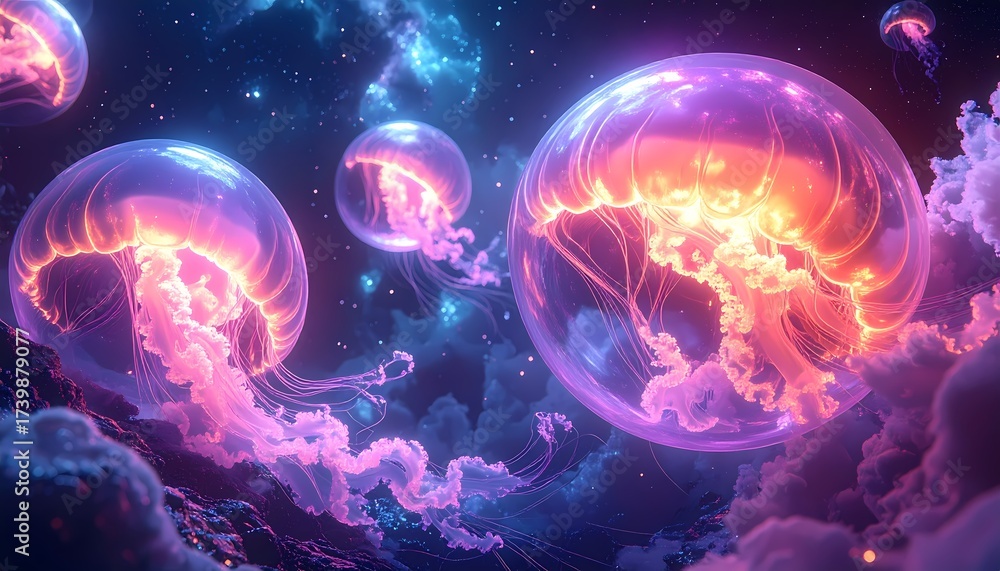 Naklejka premium Luminous Jellyfish in Cosmic Ocean with Nebulae and Stars.
