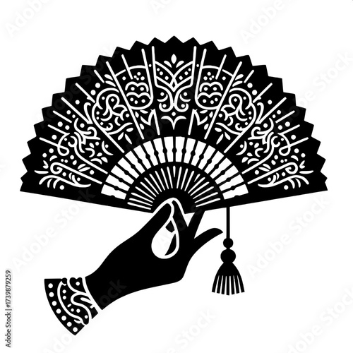 Black and White Vector Silhouette of Indian Hand Fan