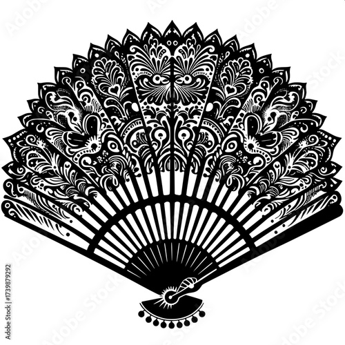 Black and White Vector Silhouette of Indian Hand Fan