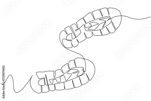 Single one line drawing boot print. Footsteps as witnesses of history. Hiking shoes with a distinctive pattern. Anti slip. Waterproof. National Trails Day. Continuous line design graphic illustration