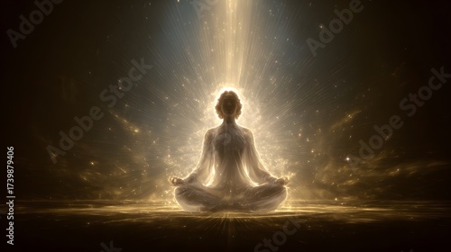 Back view of a woman meditating in an astral plane surrounded by cosmic light and energy, spiritual enlightenment concept, mindfulness and inner peace in a surreal universe scene