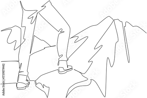Single continuous line drawing feet standing on rocks with mountains in the background. Climbers take a break before continuing the climb. National Trails Day. One line design vector illustration