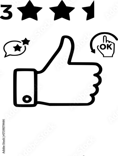 Three stars review and rating icon. Thumbs up, Good, friendly, ok hand gesture, feedback icon vector