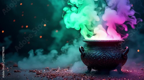 Brewing mystical halloween potion inside magic cauldron with colorful smoke for spooky witchcraft celebration
