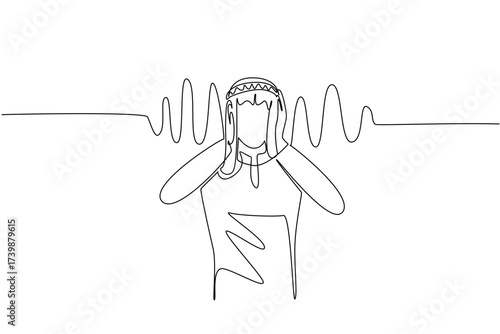 Single one line drawing an Arab man holds ears with both hands and sound wave effects. Prevent loud noises from being heard. National Save Your Hearing Day. Continuous line design graphic illustration