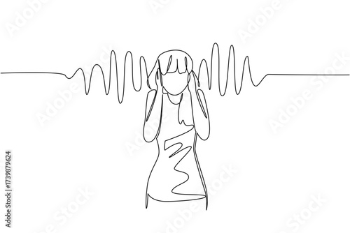 Single continuous line drawing a young woman in casual clothes holds ears with both hands and sound wave effects. Dizzy with noise. National Save Your Hearing Day. One line design vector illustration